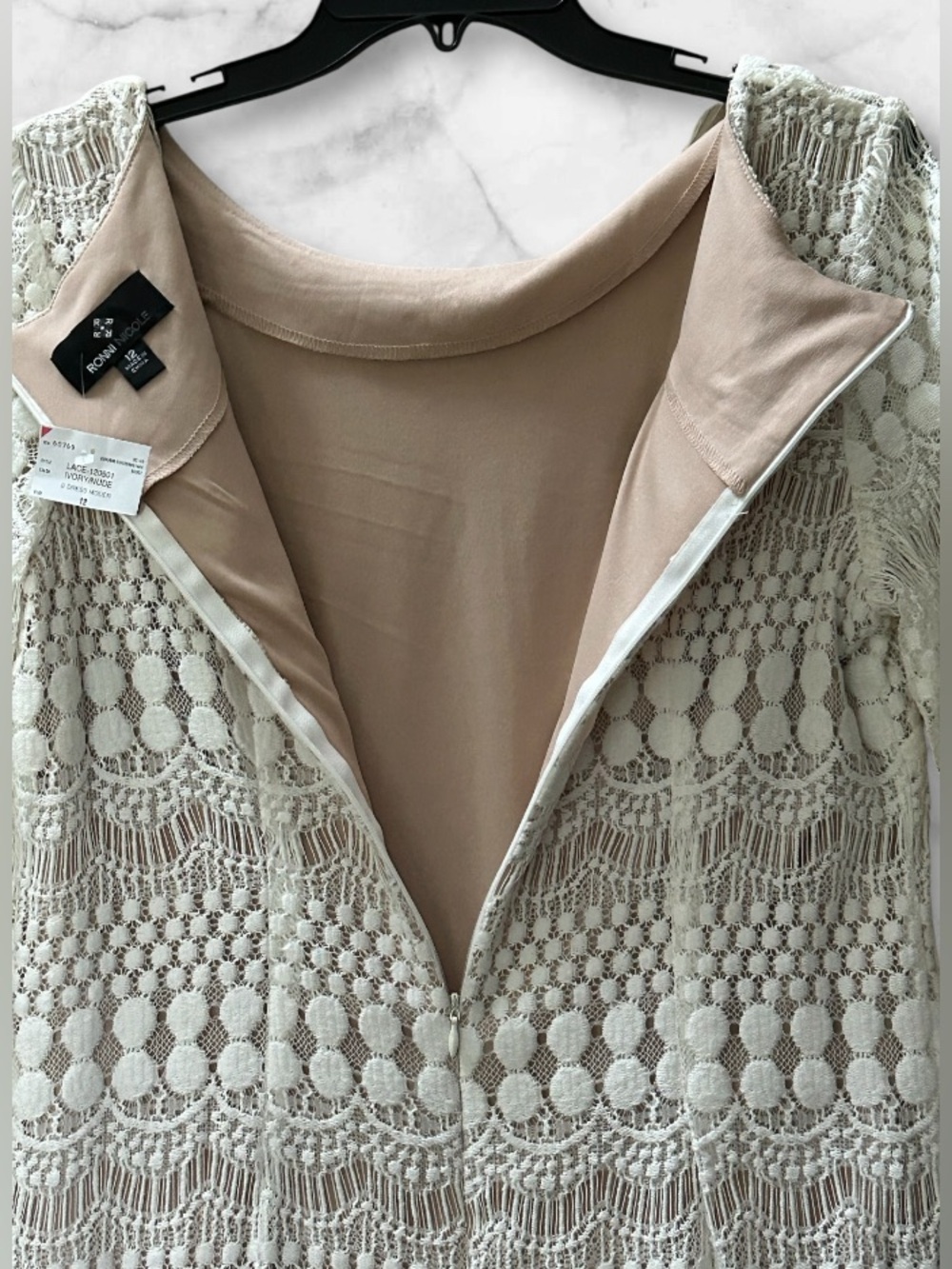 NWT Ronni Nicole Ivory Nude Crochet Lace Shift Dress 3/4 Sleeve Party Size 12 - Picture 11 of 14